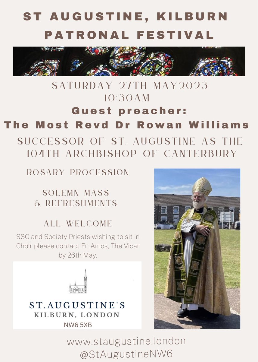 Delighted to introduce our guest preacher for St. Augustine’s Day Saturday 27th May 10.30am - a successor to St Augustine himself ! All welcome #Kilburn #Paddington #NW6 @SSCHOLYCROSS @dioceseoflondon @bishopoffulham