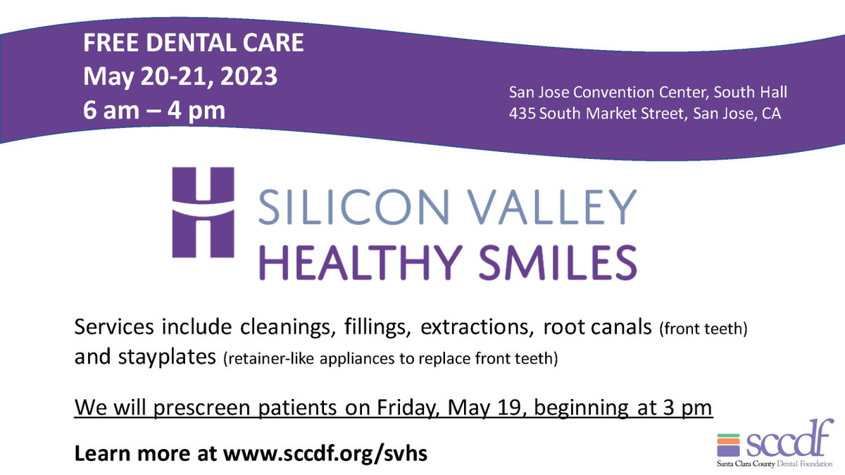 Free Dental Care from Silicon Valley Healthy Smiles 🦷
May 20-21, 6 am – 4 pm
San Jose Convention Center, South Hall
435 South Market Street, San Jose, CA

Learn more: sccdf.org/svhs

#CommunityResource #PathwaytotheFuture