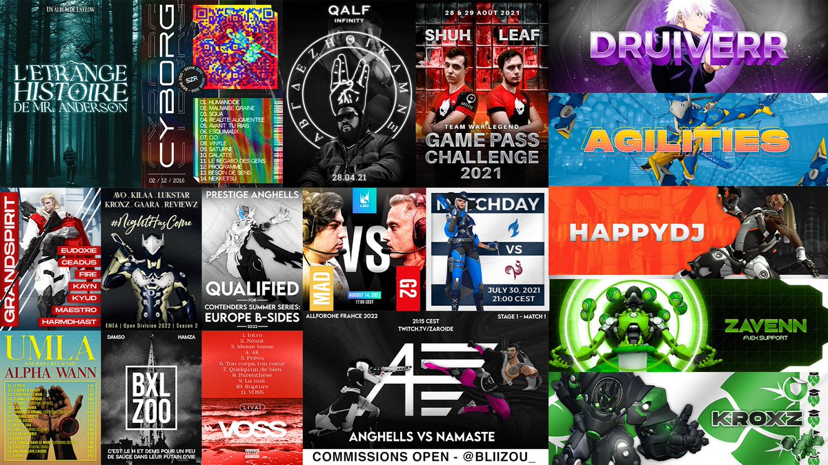 🇫🇷/🇬🇧
COMMISSIONS OPEN - Graphic Design
→ open to any offers

I do:
- Logo design
- Team branding (roster reveal, match graphics, headers, etc..)
- Posters/Wallpapers
- Twitter headers
- YT thumbnails
and more...

🎨My work: behance.net/bliizou

RTs are really appreciated ❤️