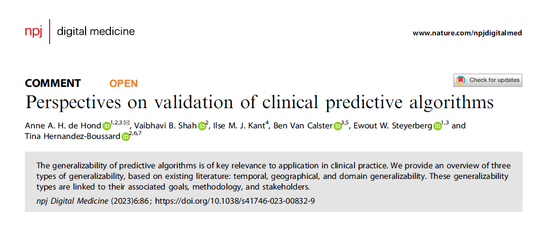 "The generalizability of [clinical predictive] algorithms often goes untested, leaving the community in the dark on their accuracy &amp; safety when applied to a specific medical setting." This commentary aims to provide clarity on generalizability objectives.
nature.com/articles/s4174…