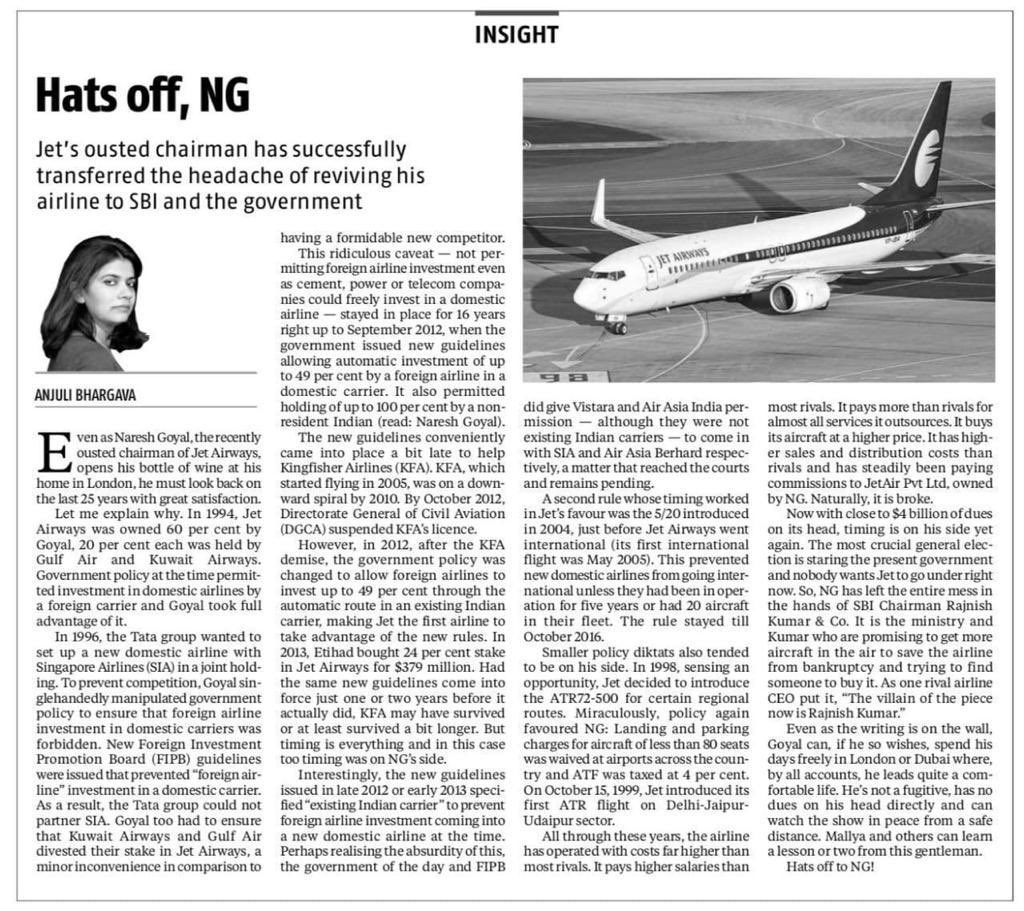 Anyone interested in reading the thread must read this ….the best article I’ve read about Jet Airways …