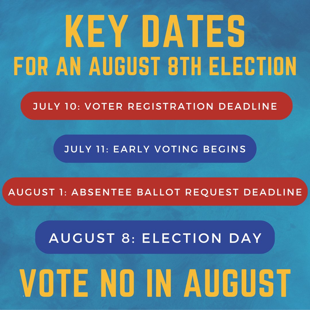 🗓️We're having a special election on August 8th, so mark your calendars now! 🔍Check your voter registration! voterlookup.ohiosos.gov/voterlookup.as… 🗒️Make your plan to vote today! If you know you'll be away on August 8, vote early or vote absentee! ✊Be sure to #VoteNOinAugust
