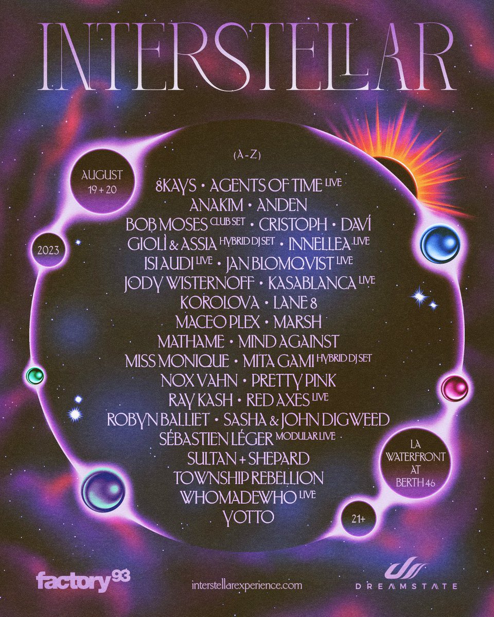Dancing Astronaut (@dancingastro) on Twitter photo Insomniac just announced a new festival between <a href="/DreamstateUSA/">Dreamstate</a> and <a href="/TheFactory93/">Factory 93</a> called <a href="/Interstellar_XP/">Interstellar</a> 🪐
August 19-20 at LA Waterfront at Berth 46 Harbor with Lane 8, Mathame, Yotto + more Insomniac just announced a new festival between <a href="/DreamstateUSA/">Dreamstate</a> and <a href="/TheFactory93/">Factory 93</a> called <a href="/Interstellar_XP/">Interstellar</a> 🪐
August 19-20 at LA Waterfront at Berth 46 Harbor with Lane 8, Mathame, Yotto + more