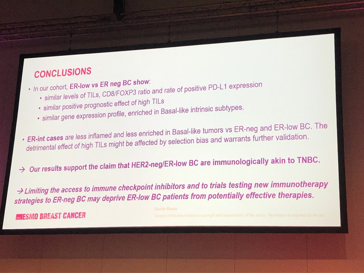 Tumor immune microenvironment in ER negative/HER2neg compared to ER low( 1-9%). Control group was tumors with intermediate ER expression 📌 no diff in TILS, CD8,PDL-1 between TNBC and ER low/HER2 neg. But diff from Intermediate ER expression. #esmobreast23 @OncoAlert