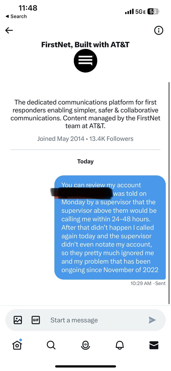 dizzle1507's tweet photo. @FirstNetGov @FirstNet Up to waiting almost 1.5 hours waiting for a response.  Hope everyone else sees the great customer service that you don’t provide. https://t.co/dZkZx2YjYQ