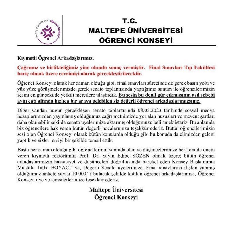 MAU Öğrenci Konseyi (@maukonseyi) on Twitter photo Üniversitemizin 2022-2023 Bahar Dönemi Final Sınavları Hakkında
<a href="/MaltepeEduTr/">Maltepe Üniversitesi</a>
<a href="/edibesozen/">Edibe Sözen</a>
<a href="/MauKonseyi/">MAU Öğrenci Konseyi</a>
#HepimizinKonseyi
#HerZamanYanındayız
#MauKonseyi
#MaltepeÜniversitesi Üniversitemizin 2022-2023 Bahar Dönemi Final Sınavları Hakkında
<a href="/MaltepeEduTr/">Maltepe Üniversitesi</a>
<a href="/edibesozen/">Edibe Sözen</a>
<a href="/MauKonseyi/">MAU Öğrenci Konseyi</a>
#HepimizinKonseyi
#HerZamanYanındayız
#MauKonseyi
#MaltepeÜniversitesi