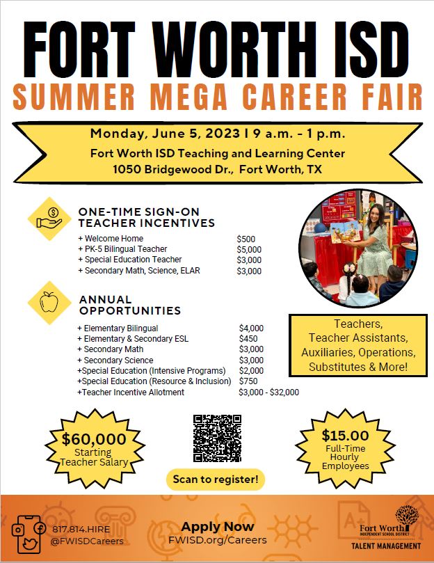 We Are Hiring! Excited to announce that Talent Management will be hosting a Summer Mega Career Fair on Monday, June 5, 2023. <a href="/FortWorthISD/">Fort Worth Independent School District</a> #FortWorth #jobopening  #nowhiring  #Careers #jobsearch