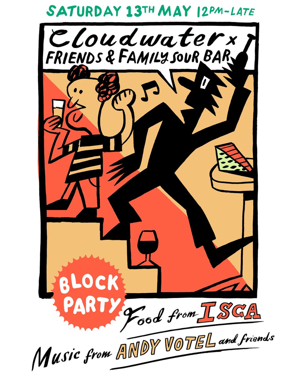 It's t-minus 2 hours until Block Party officially kicks off! Come visit us at <a href="/cloudwaterunit9/">Cloudwater Brewery Taproom</a> for a Friends &amp; Family sour bar, as well as some delicious eats from <a href="/ISCAwines/">ISCAwines</a> and stellar beats from <a href="/AndyVotel/">Andy Votel</a>.

See you soon party people 🪩🍻