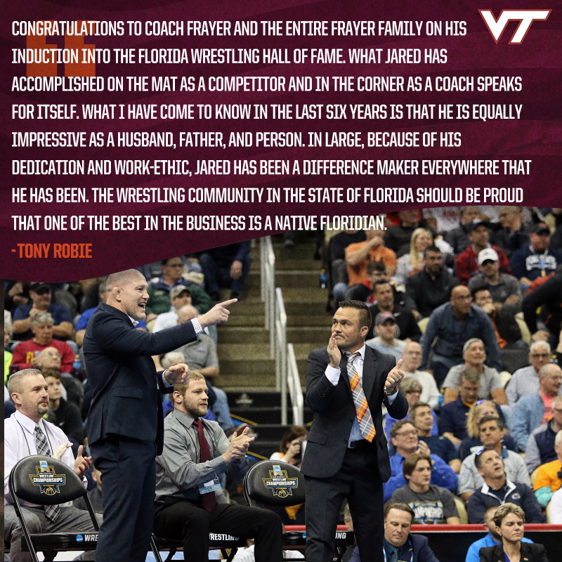 HokiesWrestling's tweet photo. Please join us in congratulating associate head coach 𝙅𝙖𝙧𝙚𝙙 𝙁𝙧𝙖𝙮𝙚𝙧 on his induction into the Florida Wrestling Hall of Fame👏

6️⃣ years in Blacksburg, a lifetime of wrestling, &amp; an honor nothing short of well-deserved @airfrayer 🫡
#ThisIsHome #Hokies 🦃