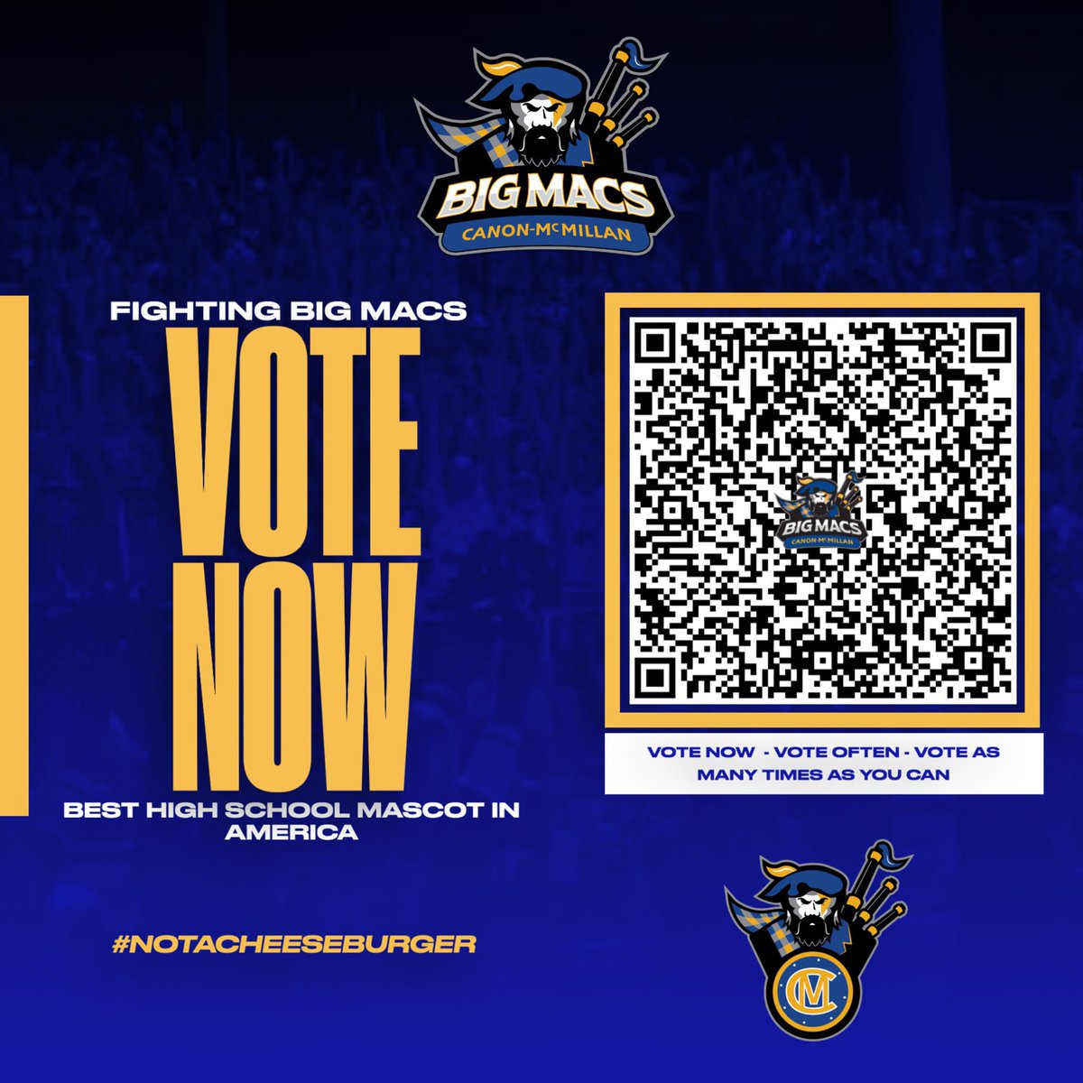 canon_mac's tweet photo. Voting ends today! Don’t forget to vote for your Big Macs as many times as possible before midnight!
#GoBigMacs
@BigMacsFootball @CMVB_Nation @DrTaranto @kencrowley01 @CmhsOfficial @CanonMacMS @CISCMSD @TeamNSIS @BmeCmsd @CmsdHills @MuseCMSD @so_central_elem @Wylandville https://t.co/Vd9fIvzla3