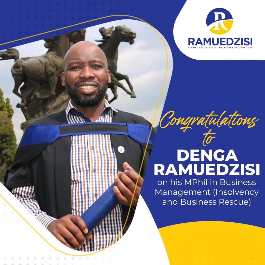 RamuedzisiCA's tweet photo. Congratulations to Denga Ramuedzisi on his MPhil in Business Management (Insolvency and Business Rescue).

#TeamRamuedzisi
#ServingExcellence
#UnrelentingPursuitofExcellence
#RamuedzisiAccounting
#RamuedzisiAuditing
#RamuedzisiAdvisory https://t.co/WiMd36S5s7