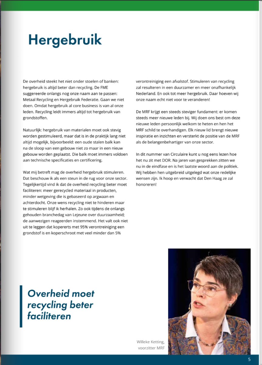 Willeke Ketting, vz MRF in haar column in de MRF-Circulaire van mei 2023 over de #Branchedag2023. ‘Wat mij betreft mag de overheid hergebruik stimuleren. Dat beschouw ik als een steun in de rug voor onze sector.......... 
mrf.nl/home/392-mrf-u… #branchedag2023 #duurzaamheid