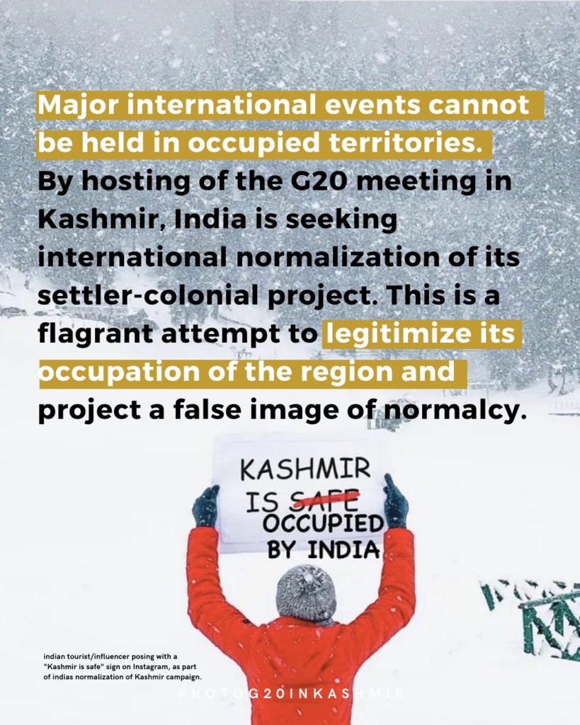 baalegibreel's tweet photo. G20 member countries should demand that the Indian government end the repression of #Kashmiris, release political prisoners &amp; open up Kashmir to the world as a starting point towards a resolution that respects the aspirations of the people. #nog20inkashmir #boycottg20inkashmir https://t.co/F8pZo3GIKl
