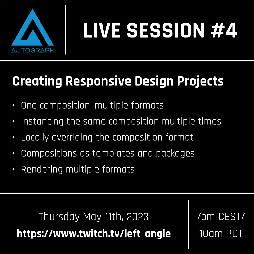left_angle_EN's tweet photo. Join us LIVE today at 7pm CEST (UTC+2) to learn how to create a responsive design project & render in multiple formats without worrying about recreating your work each time! https://t.co/zBYUuEngbX no acct required #motiondesign #motiongraphics #leftangle https://t.co/PVJUGaCyFB