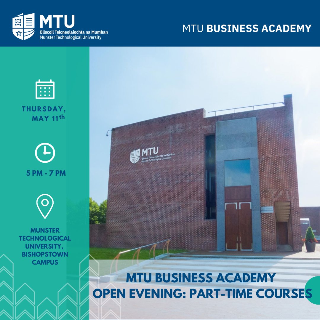 Don't miss your chance to learn more about our professional &amp; executive, part-time courses at the MTU Business Academy Open Evening taking place this evening, May 11th from 5pm to 7pm at our Bishopstown Campus in Cork. 

mtubusinessacademy.ie/events/mtu-bus…