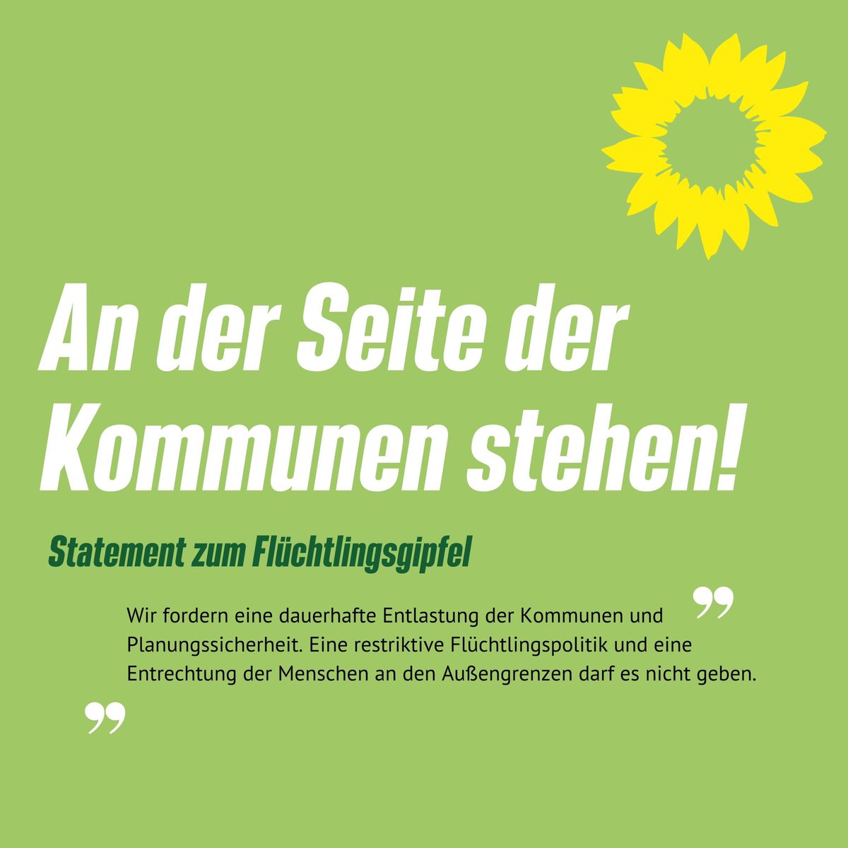 Eine Milliarde mehr für Länder und Kommunen - Ein Etappensieg! 

Wir fordern: 
💰Eine dauerhafte Entlastung der Kommunen und Planungssicherheit 
🤝 Keine Entrechtung der Menschen an den Außengrenzen 
🙌 Die Verbesserung der Beratungsangebote