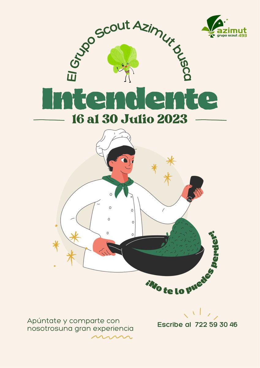 ¡ Hola familias !

Cómo sabéis se acerca el campamento y nos gustaría contar con vosotras para echar una mano en intendencia y cocina👩‍🍳

¿Queréis pasar unos días con nosotros disfrutando de la naturaleza? 🏕️

Contactar con: 722 59 30 46