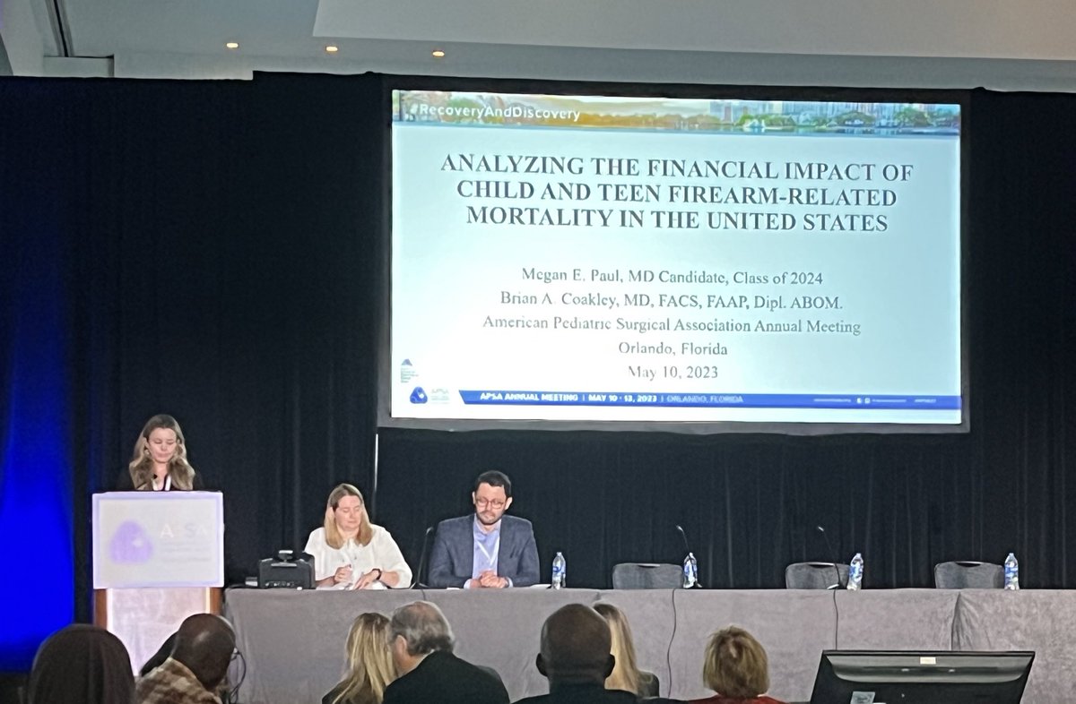 Megan Paul presenting now in the main hall on firearm injury. Her SECOND plenary session presentation. Of note, she is a 3rd year medical student. Congratulations on such an amazing accomplishment &amp; well presented talks 🎉✨
#APSA23 <a href="/APSASurgeons/">APSA Surgeons</a>