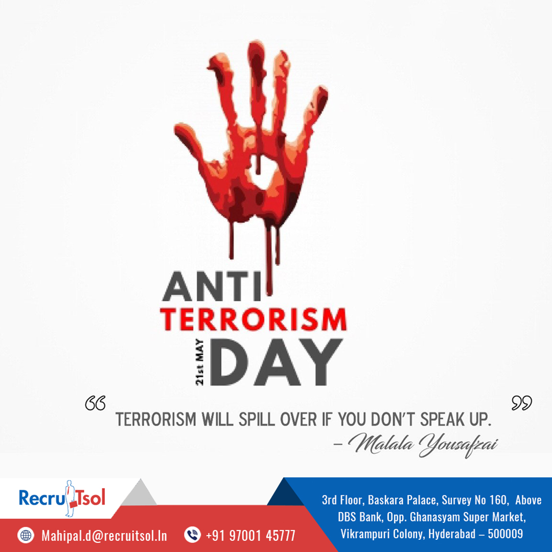 Anti Terrorism Day
#antiterrorismday #antiterrorismdayଅହ #antiterrorismday🇮🇳 #antiterrorismday2023
🌐recruitsol.in
📲 +919700145777
#Recruitsol #Cloud #cloudinfrastructure #itsolutions #enterpriseresourceplanning #CRM #itoutsourcing