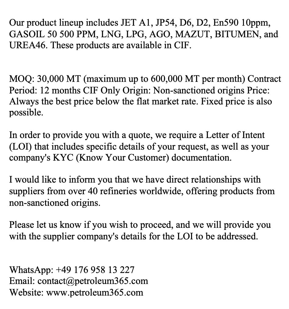 petroleum365com's tweet photo. Direct with suppliers for the buyer from over 40 refineries,

We offer a wide range of petroleum products from non-sanctioned origins, exclusively for serious buyers or their mandates. https://t.co/2zWW6qeNI7