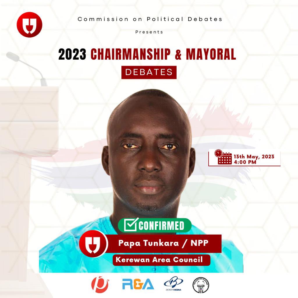 CONFIRMED! ✅ 

Kerewan Area Council Chairmanship Debate is here!

Ma Lamin IL Bojang, Candidate for UDP and Papa Tunkara of NPP have confirmed their participation in our upcoming Kerewan Area Council debate 2023.