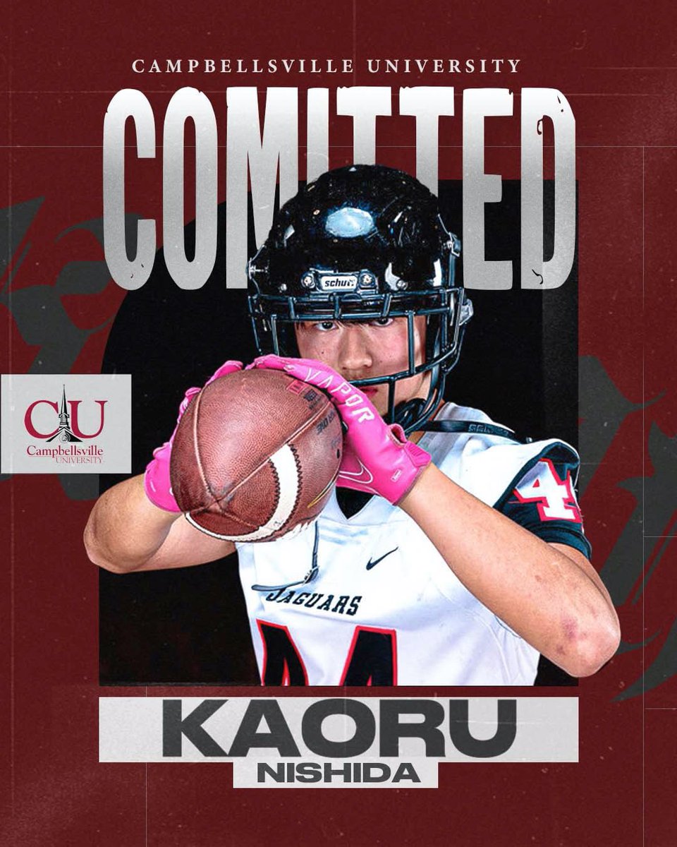 KaoruNishida3's tweet photo. I am officially offered and can announce my commitment at the same time to Campbellsville University. Had such a tough time though all the international journeys. 
But thank you for all the support @CoachAtwood23!! 
Arigato!! 🐅🇺🇸🇯🇵

@CvilleTigersFB @JaguarsSNLive @RHHSJaguars https://t.co/nvjXk3CnU3