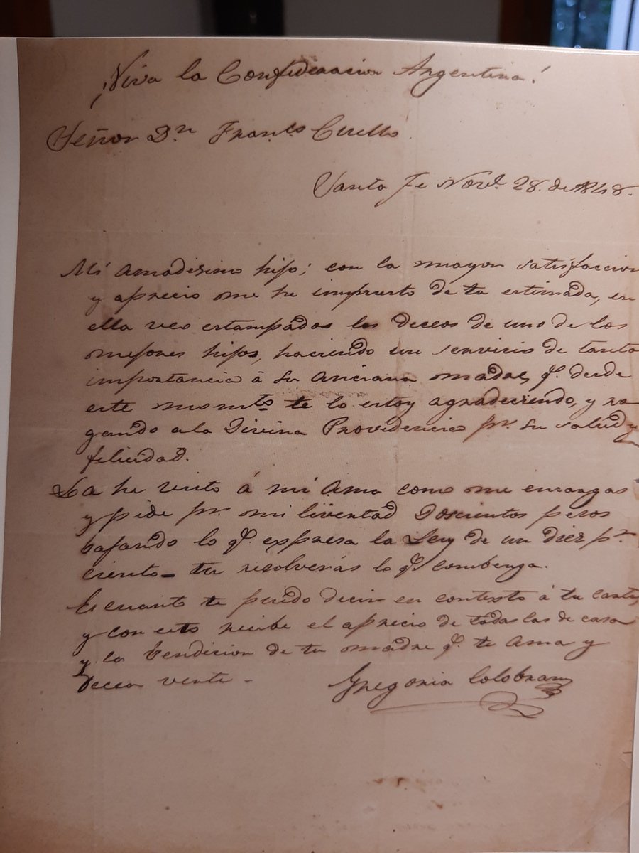 franmackandal's tweet photo. En 1848 una mujer esclavizada en Santa Fe, Gregoria Colobrán, le escribió una carta a  su hijo. Le agradecía la ayuda ofrecida para manumitirse y le contaba que había hablado con su ama. Se le pedían 200$ por su libertad. 
Una huella única, pero una historia de muchas. + https://t.co/rdlSV6sZ0n