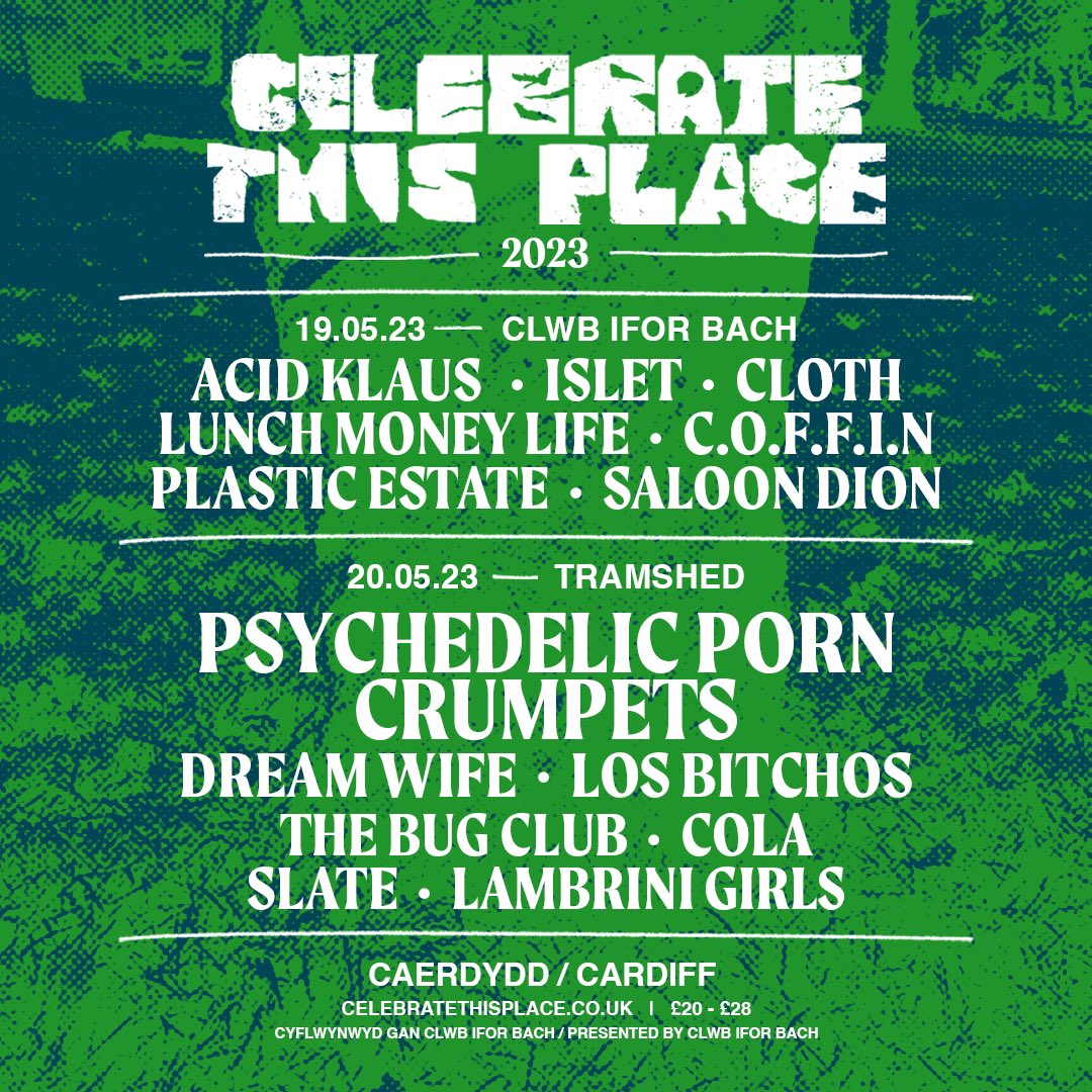 Find us at Celebrate This Place 2023. We play @clwbiforbach on 19th May alongside a vast array of goodness. Tickets: celebratethisplace.co.uk/tickets