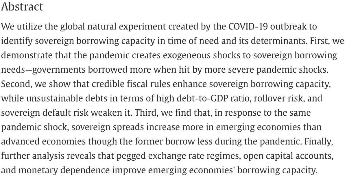 JIntlEcon's tweet photo. New: "Sovereign debt responses to the COVID-19 pandemic" by Huanhuan Zheng
(@LKYSch). Which countries can borrow more in time of need?
https://t.co/HtptMaMil6 1/2 https://t.co/qBr0YLRObA