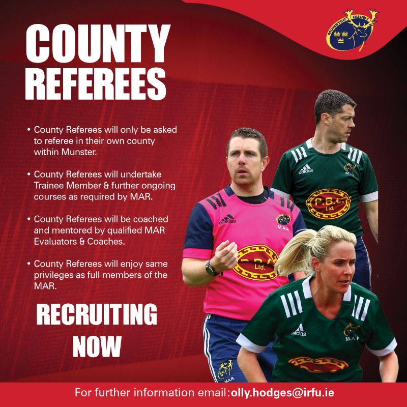 Munsterrugby's tweet photo. 📢 The Munster Association of Referees (MAR) have introduced a new category of refereeing into the organisation known as ‘County Referees’.

They will be members of @MunsterReferee but will only referee within their own county. 

More info ⤵️

#MunsterStartsHere #SUAF 🔴