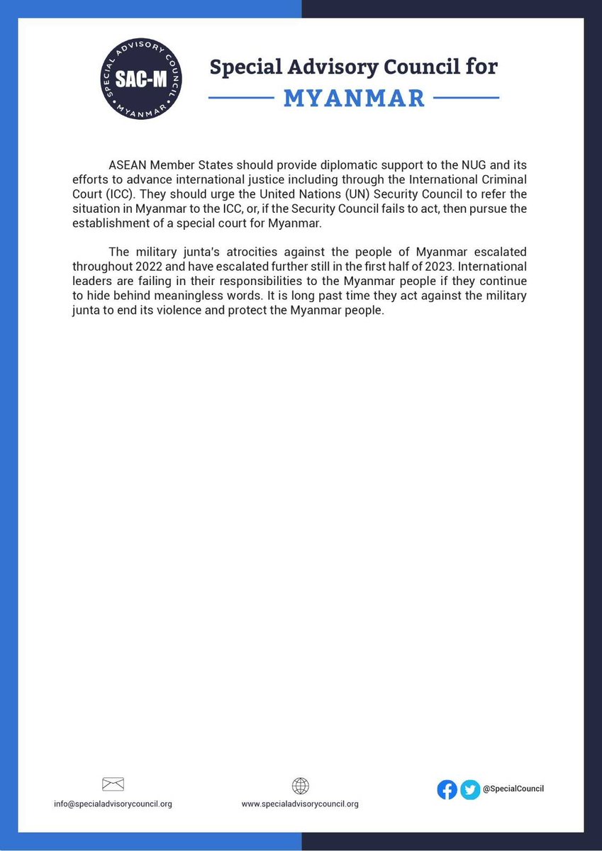 NEW: #ASEAN Leaders must name the junta as the primary cause of violence in Myanmar &amp; actively support intl justice efforts if they are genuine about resolving the crisis &amp; seeing perpetrators of intl law in #Myanmar held to account. #ASEANSummit

PR: shorturl.at/ekOW9