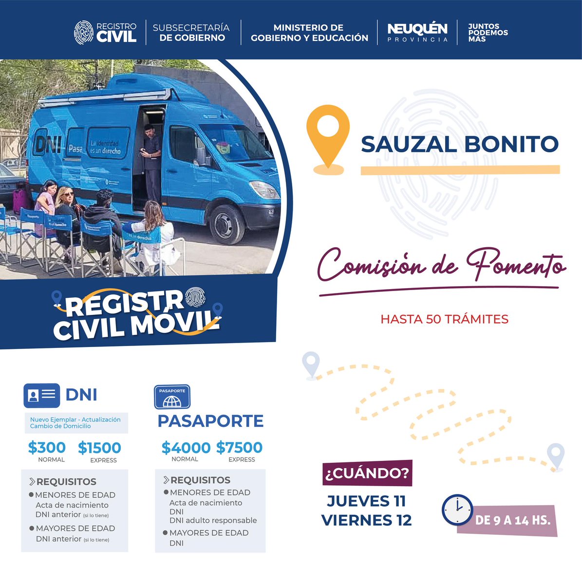 mineducacionqn's tweet photo. 🚚#RegistroCivilMóvil en #SauzalBonito!
Hoy y mañana viernes estará atendiendo en la Comisión de Fomento desde las 9 hasta las 14 horas.
#MinisterioGobiernoEducación https://t.co/O6K1H8K8Ea