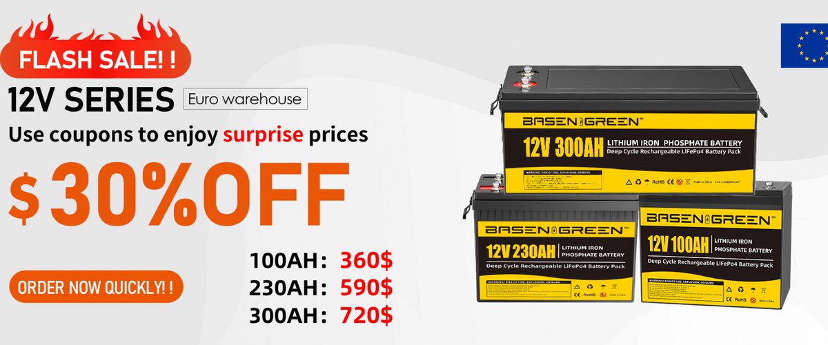 basen_green's tweet photo. Basengreen EU warehouse12V series surprise price！
12V 100AH：$360
12V 230Ah:  $590
12V 300AH:  $720
Contact us now to get the discount now:
https://t.co/8mHCQyHfMc
#basengreen #Lifepo4 #discounts #Battery https://t.co/DXDUlW9EeU