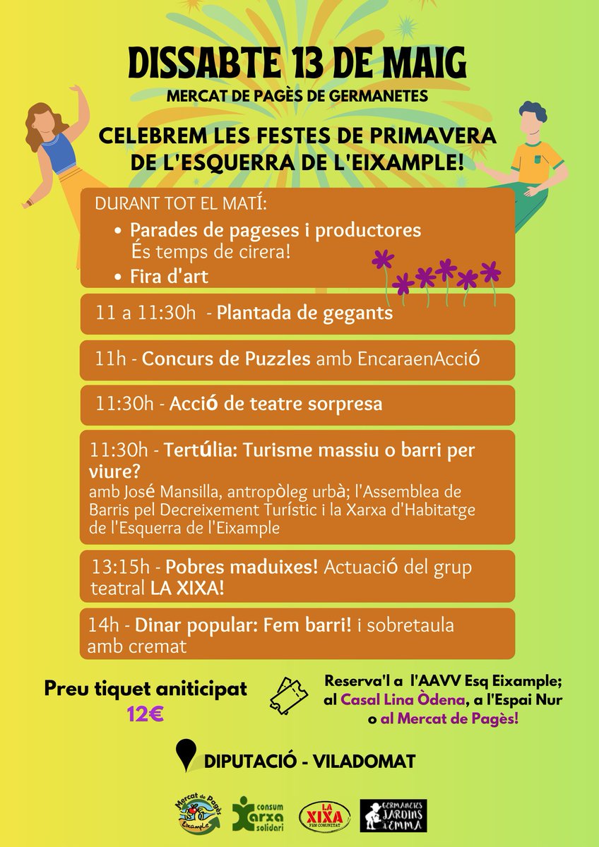 germanetes's tweet photo. Continuem celebrant les Festes del barri! 🥳
👉 Mercat de Pagès @MercatDePages 
👉 Fira d'art! #ReivindicacionsCulturals
👉 Plantada de gegants @gegantseixesq 
👉 Concurs de puzzles @EncaraEnAccio 
👉 Acció de teatre @laxixateatre 
👉 Tertúlia Turisme @XHabitatgEE @AssBarrisDT https://t.co/2nEf9XsKqH