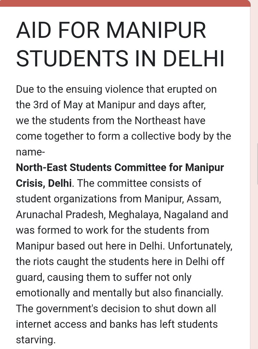 nit_set's tweet photo. Great initiative with many student unions of northeast states coming together to help #Manipur students. Please share 👉🏽 https://t.co/5a2iWo4RG6
If you are a student from Manipur currently residing in or around Delhi and require immediate support, kindly fill the form provided. https://t.co/hiwh0cMK0P