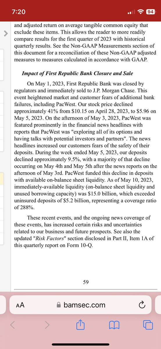 Pacwest loses 9.5% of deposits in week ended May 5th. For comparison, it lost ~16% in the entirety of Q1. More gravely, no update on deposit outflows as of May 10th, despite update on liquidity and uninsured deposits. The silence is deafening. $PACW $WAL $MCB $BOH #regionalbanks