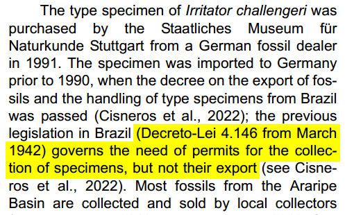 Prof. Juan Cisneros ⚒️ 🐉 (@paleocisneros) on Twitter photo The same decree states that Brazilian fossils are property of the Nation. They cannot be sold by privates. Quoting convenient pieces of the law and ignoring others is a sign of bad faith. <a href="/PalaeoE/">Palaeontologia Electronica</a> 1/4 The same decree states that Brazilian fossils are property of the Nation. They cannot be sold by privates. Quoting convenient pieces of the law and ignoring others is a sign of bad faith. <a href="/PalaeoE/">Palaeontologia Electronica</a> 1/4
