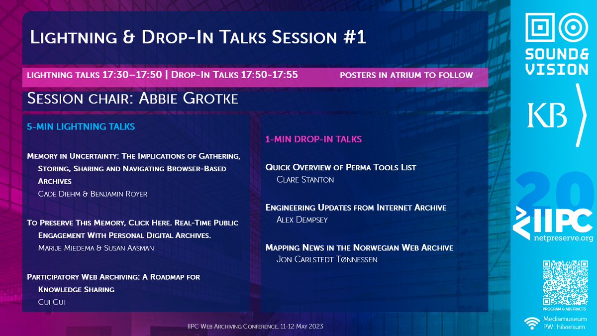 NetPreserve's tweet photo. #iipcWAC23 #iipc20Years HAPPENING NOW IN THEATER 1:
SESSION #9: LIGHTNING & DROP-IN TALKS
Posters in the atrium will follow directly after these talks!
#webarchiving #webarchivering https://t.co/0RmcuKc7yE