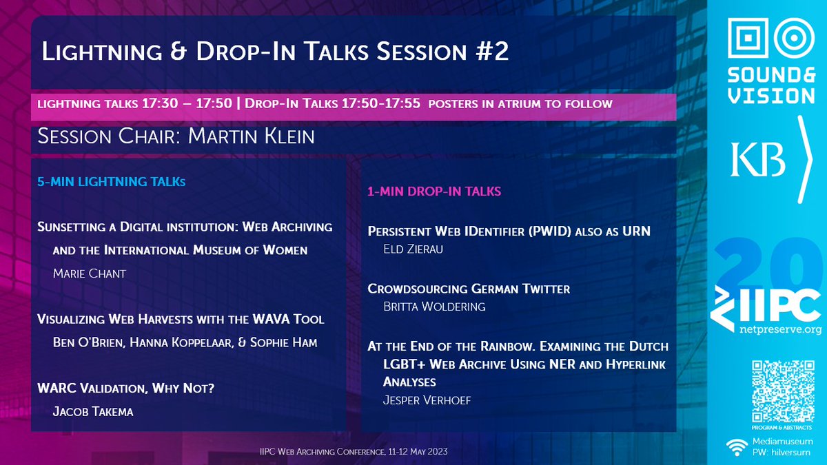 NetPreserve's tweet photo. #iipcWAC23 #iipc20Years HAPPENING NOW IN THEATER 2:
SESSION #10: LIGHTNING & DROP-IN TALKS
Posters in the atrium will follow directly after these talks!
#webarchiving #webarchivering https://t.co/crsPjQLiEg