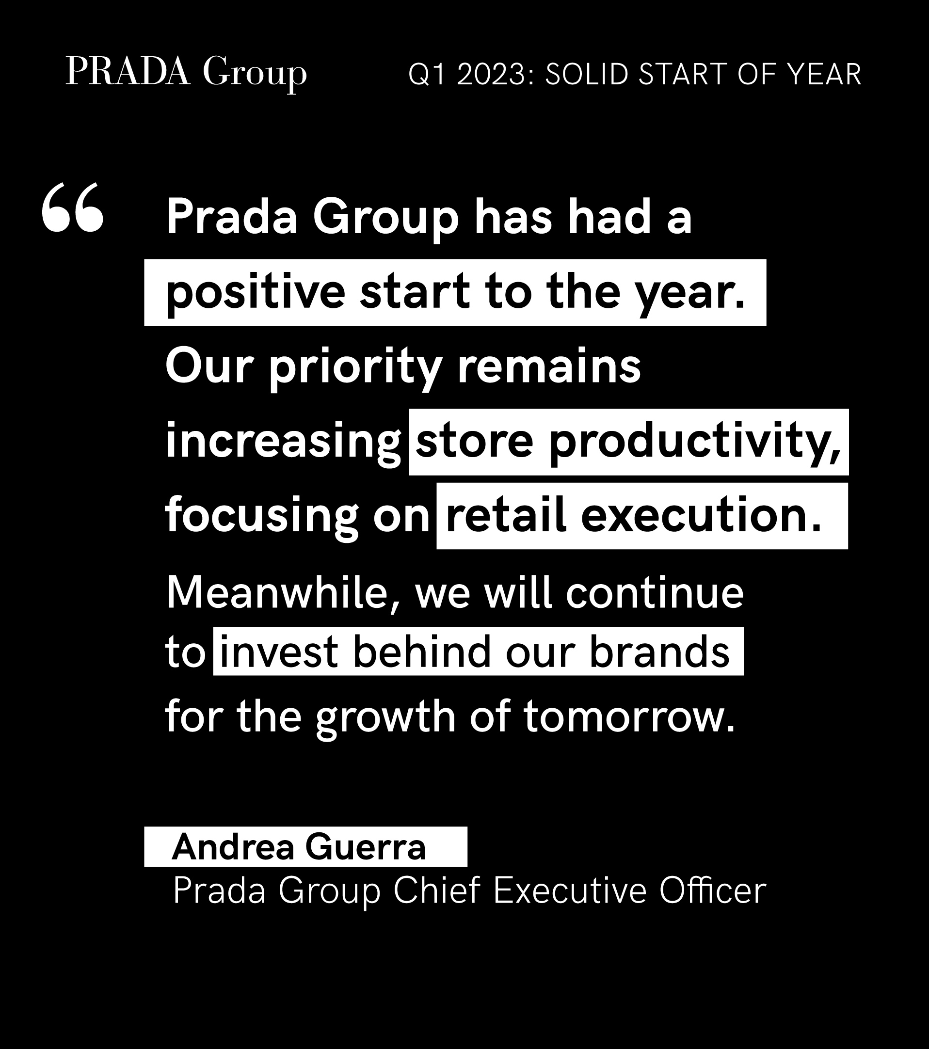 PRADA on X: #PradaGroup strong performance continues in Q1 2023 and  like-for-like growth drives Retail Sales up 23% YoY. We see benefits in  accelerating these investments, if conditions remain supportive.” Commented  Andrea