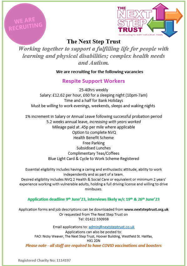 nextsteptrust's tweet image. Are you looking for evening and weekend work? Our Respite is on the lookout for you! Please have a nosey at our job ad &amp;amp; give us a call if you are interested... more info on available on our website. nextsteptrust.org.uk/jobs/vacancies/
