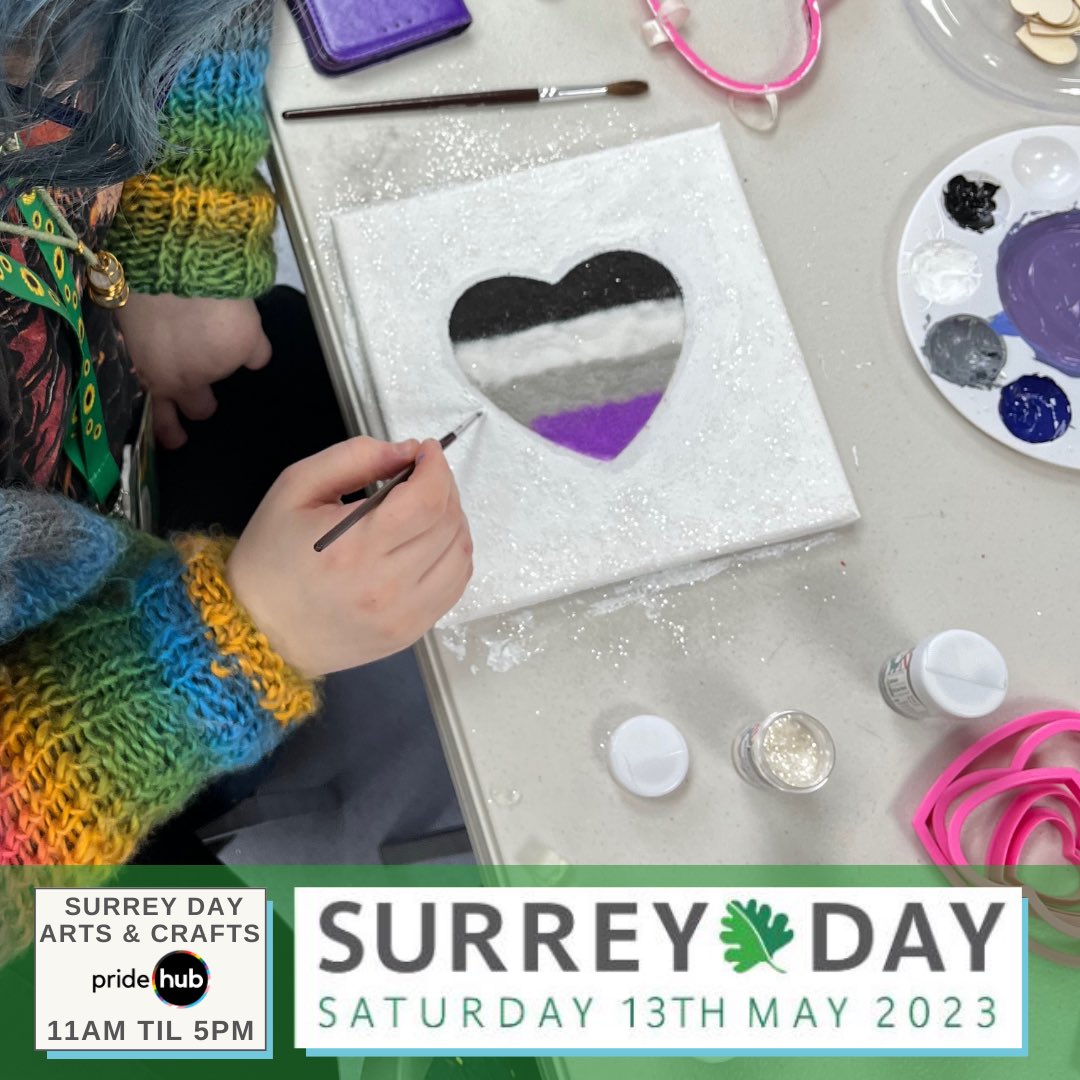 Join us this Saturday 13th May between 11am - 5pm for #SurreyDay themed arts & crafts at The Pride Hub. 

🎨 ☕️🚴🏻‍♂️🖼️ 🚣‍♀️🛤️🥤🎭🛶🏇🏻🍪🚞🪂🧩🧗🏻🏌🏼‍♂️

Pride Hub, Station Approach, Woking, GU22 7PA.

Nearest parking: Heathside Crescent or Woking Train Station - Both only 3 minutes away.