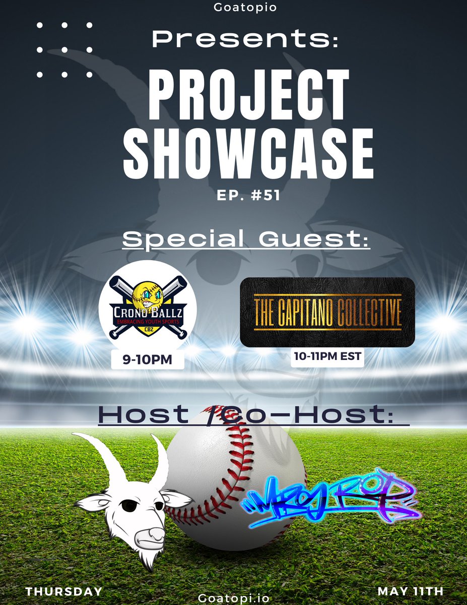 Goatopia Presents: Project Showcase with special guest <a href="/Crono_Ballz/">Cronoballz</a> 9-10pm EST &amp; <a href="/JoeyCapitano/">Joey Capitano</a> <a href="/TheCapitanoCo/">The Capitano Collective | TCC</a> <a href="/CarlaLavinne/">Mama C</a> 10-11pm EST! Come vibe with us to learn about both these amazing projects &amp; what they are doing IRL <a href="/armyofgoatsnft/">stan corley</a> x.com/i/spaces/1ZkKz…