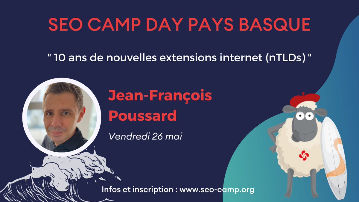 A suivre le vendredi 26 mai au #SEOCAMP Day Pays Basque 2023 📣

<a href="/jfpoussard/">JF Poussard</a> “10 ans de nouvelles extensions internet (nTLDs)” 👌

En présentiel à la <a href="/CCIBayonnePB/">CCIBayonnePaysBasque</a>📍

ou en ligne 🧑‍💻

Infos et inscriptions 👉 bit.ly/SCDPB