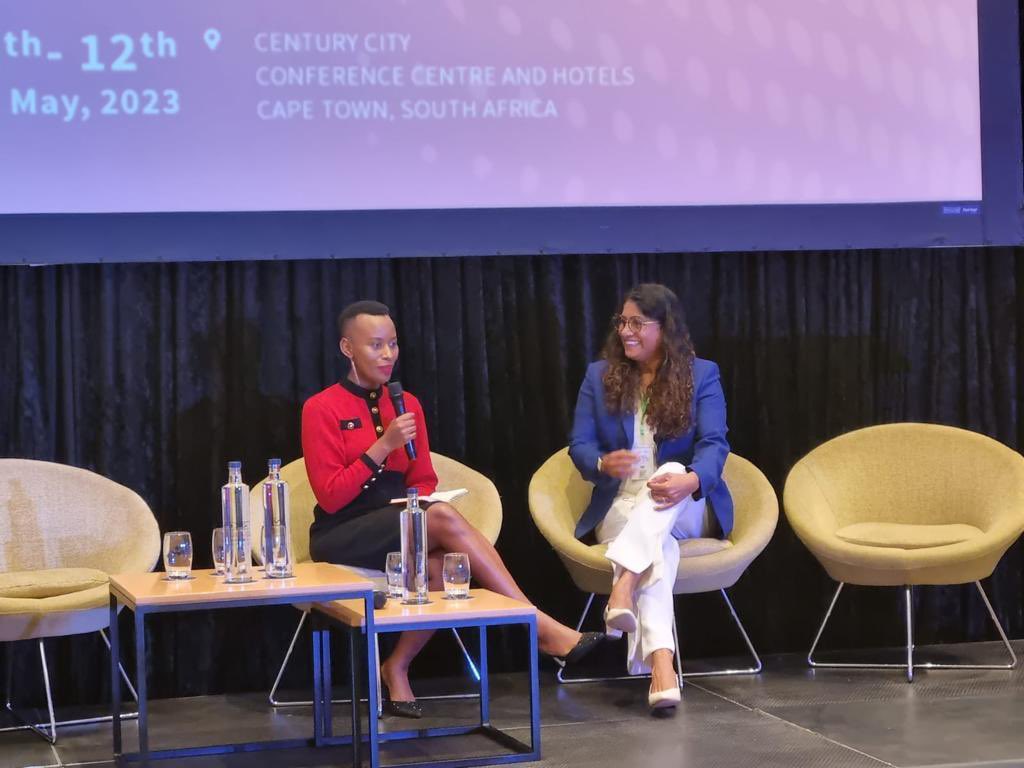 Min @MariyaDidi joins Sibukele Maphosa @bukemaphosa, Radio &TV host,🇿🇼. in a fireside chat at #AWS23,to discuss women empowerment,inclusion & sustainable development. Min shared glimpses of her personal life,career &current appointment. @aws_cowap 
 #CapeTown #SouthAfrican 
🌎🇲🇻