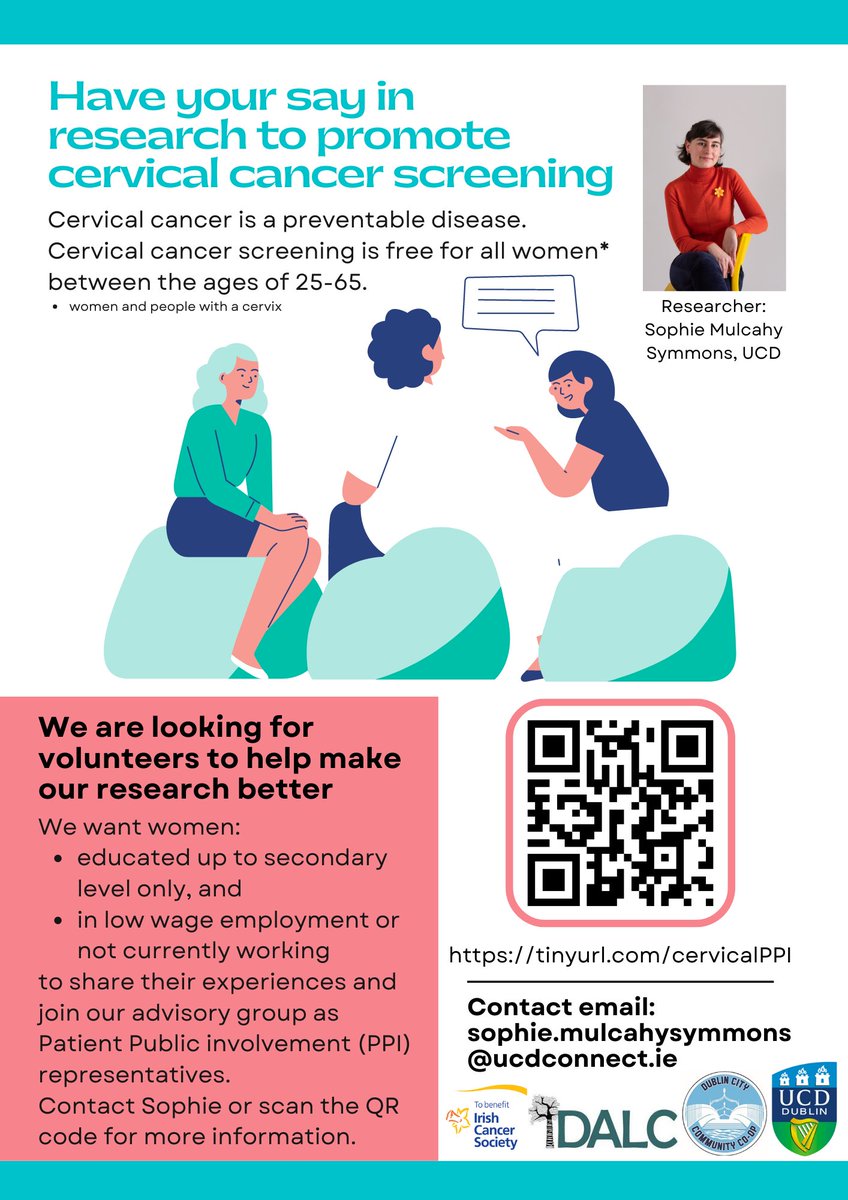 Would you like to have your say in research on cervical cancer screening? We are looking for people to advise us on our research project. Contact me, follow the link or QR code for more information🙋‍♀️ tinyurl.com/cervicalPPI