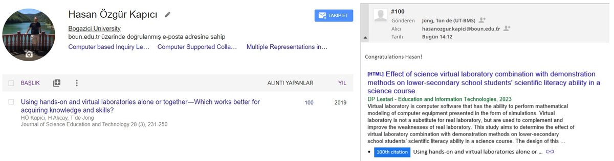 Doktora tezimden çıkan yayınım çoğunluğu saygın indekslerden olmak üzere bugün 100. atıfını almasının mutluluğunu yaşıyorum
Today, I received a genuinely nice email from my advisor Ton de Jong. The message carries the news that is one small step for science one giant leap for me.