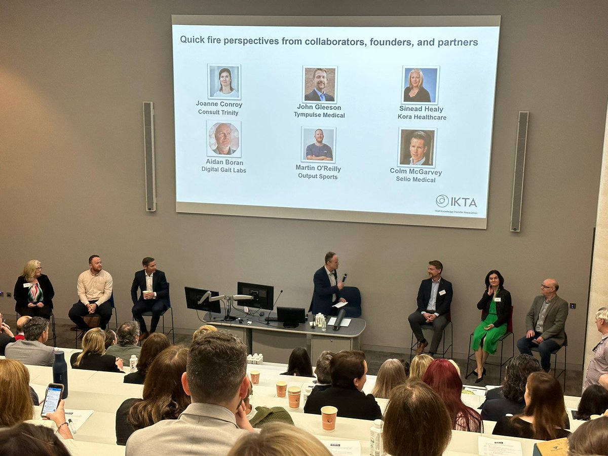 Panel 2: <a href="/aidan_boran/">Aidan Boran</a>  of Digital Gait Labs, <a href="/lifeofmoreilly/">Martin O'Reilly, PhD</a> of Output Sports <a href="/ColmMcGarvey/">Colm McGarvey</a> of <a href="/SelioMedical/">Selio Medical</a> , Sinead Healy of <a href="/KoraHealthcare/">Kora Healthcare</a> and <a href="/gleesoj/">John Gleeson</a> of Tympulse Medical give us their take on #Valorisation of Research. #IKTAConference #IKTAConf2023