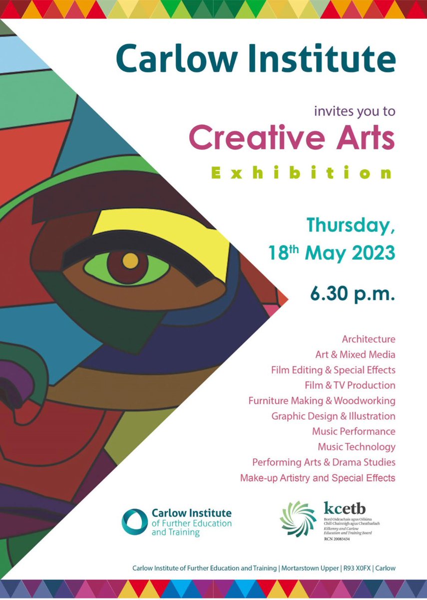 carlowinstitute's tweet photo. @carlowinstitute invites you to their Creative Arts Exhibition on Thursday 18th May. Everyone is welcome, so come along and see the amazing work by our very talented students.
@KCETB_FET @KCETB_QA @KCETB @SOLASFET @ETBIreland @CareersPortal @Carlowlive1 @kclr96fm @CarlowLibraries https://t.co/IKOnYfs3Cl