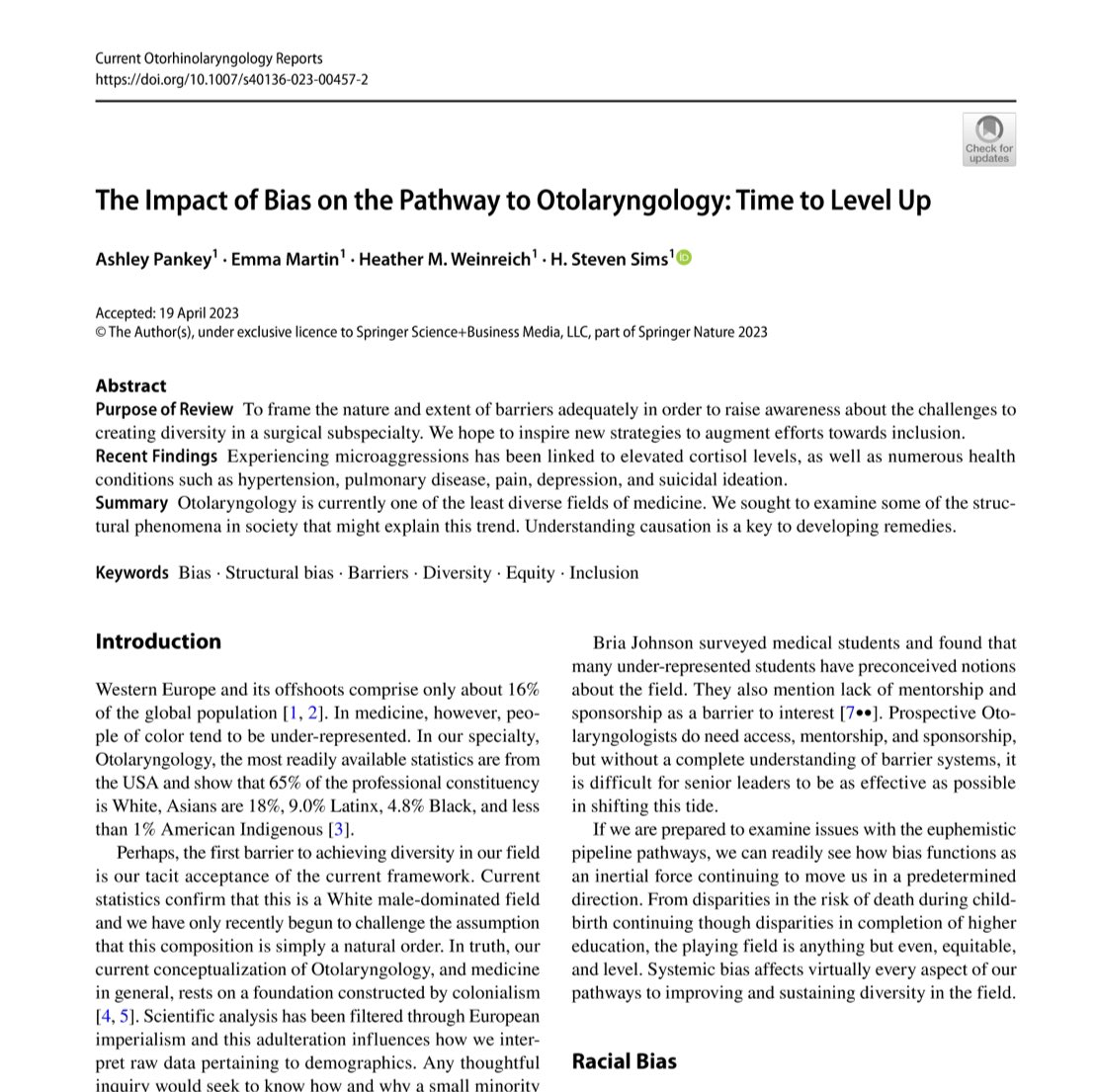 chicago_voice's tweet photo. We just published our work looking at sources of bias and how they affect the pathway to Otolaryngology.  We offer some advice as well.  
#Diversity #Equity #inclusion #LevelUp https://t.co/5pghwViX34